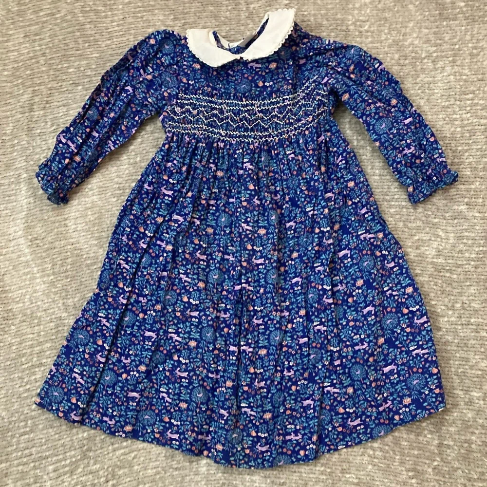 Vintage The Smockery Bunny Rabbit Floral Dress Sz 4 Easter Smocking‎ Long Sleeve